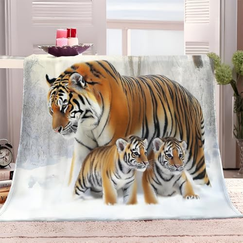 Kuscheldecke Flauschig Decke 130x150 cm Warme Sherpa Decke Tierisches Tiger-Winterthema Super Weiche Flanelldecke Wohndecke Schlafdecke Sofadecke Couchdecke für Winter