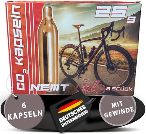 6 NEMT 25g CO2 Kartuschen MIT Gewinde für alle CO2 Fahrradreifenpumpen mit Gewinde für Rennräder und Mountainbikes