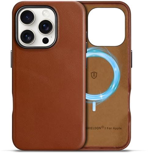 SHIELDON Lederhülle für iPhone 16 Pro, Echtleder Handyhülle [Kabelloses Laden] [Einfach Aussehen] [Anti-Fingerabdruck] Stoßfeste Case Kompatibel mit iPhone 16 Pro 6,3 2024 - Retro Braun