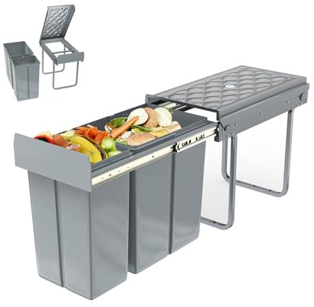 AufuN Cubo de basura empotrable para cocina, armario bajo, sistema de separación de residuos con 2 compartimentos, extensible, 1 x 20 l, 1 x 10 l, extraíble con rieles telescópicos, 48 x 26 x 42 cm