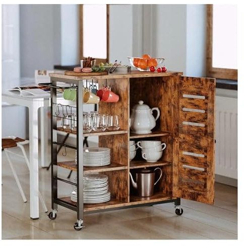 Xumh2024-3 Aufbewahrungswagen Küchenwagen Lagerschrank mit Rädern, Mehrzweck-Küchenwagenschrank mit Regalen, abnehmbarem Wagengriff, Tassenhaken, Schrank for die Küche küchenwagen