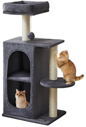 Feandrea Kratzbaum klein, Katzenbaum mit 2 Höhlen, Kratzstämme, für Mehrkatzenhaushalte, Kätzchen, dunkelgrau PCT005G02