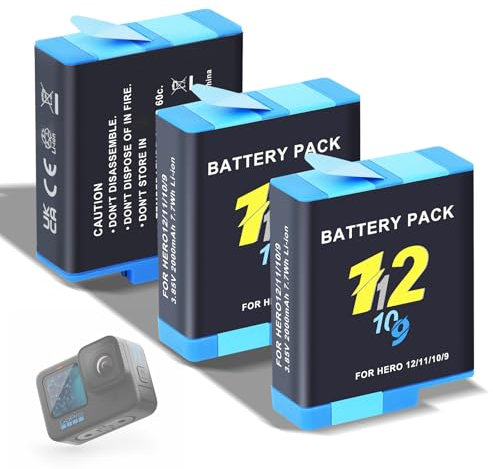 CITYORK Batteria di ricambio da 2000 mAh per GoPro Hero 12 Hero 11/10/9 Black Battery, set di batterie ricaricabili, accessori per fotocamera sportiva, Lungo Tempo di Esecuzione, batteria di ricambio
