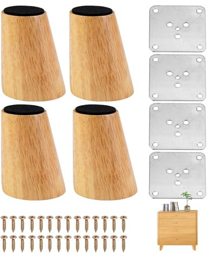 4 Pièces 6 cm Augmenter Pied Meuble Bois, Stable Design Pied de Meuble Bois Inclinés avec Plaque de Montage, Patin Antidérapant et Vis, Pied Bois pour Canapé, Table de Chevet, D'armoire, Commodes, Lit