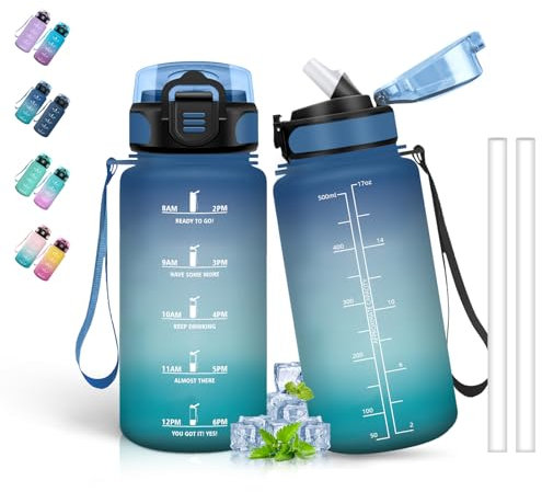 Gourde- 500ml- Gourde Enfant, Gourde avec Paille, Anti-Fuite, Gourde Sport avec Marqueur de Temps, Gourde Motivation pour Garçons&Filles, Bouteille d'eau pour l'École, Voyage, Velo, Camping, Bleu-Vert