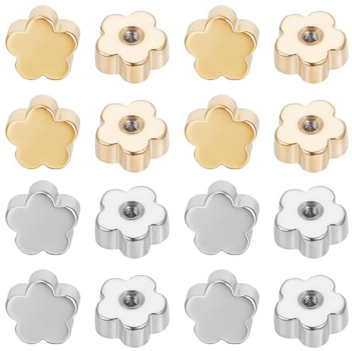 Beebeecraft 60Pcs 2 Couleurs Vis Boucles d'oreilles Dos pour Tige Filetée 20G 18K Plaqué Or en Acier Inoxydable Fleur Plat Sécurisé Oreille Dos Remplacements pour Clou Diamant