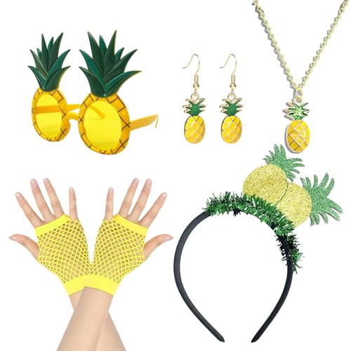UILYNIU 7 Stück Ananas Kostüm Set, Ananas Tiara, Ananas Gläser, Ananas Ohrringe, Ananas Halskette, Netzhandschuhe, Hawaii Outfit Damen für Karneval Party Ananas Geschenke (7 Stück)