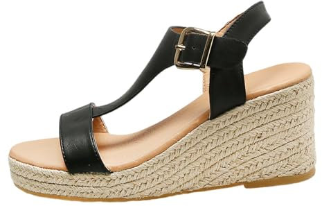 Frauen Casual Seite Hohl Gürtel Schnalle Slope Bottom Römische Schuhe Sandalen Tennis Schuhe Damen (Black, 42)