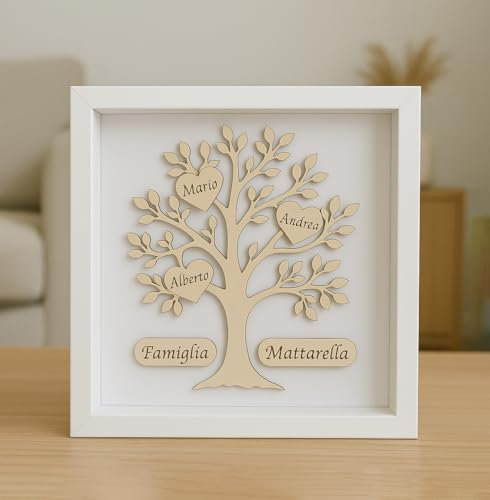 Stileitaliano Quadro Personalizzato idea regalo Festa della Mamma Albero della Vita in Legno con nomi familiari incisi, Bianco