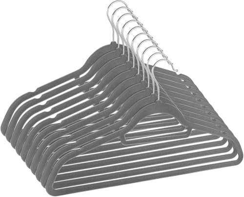 Truevaste 10er-Set Kleiderbügel Samt - Premium Samt-Bügel mit Gürtelaufhänger, 360° Drehbarem Haken & rutschfeste Einkerbungen - 45 cm Langlebige Kleiderbügel für Anzüge, Mäntel & Blusen - Grau