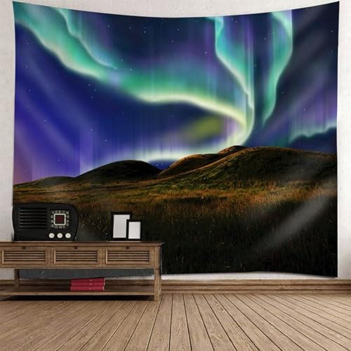 Wycian Wandteppich XXL Outdoor Wall Tapestry Mountain XL Grün Lila Braun Aurora und Berge Mikrofaser 300X256cm (Breite x Höhe)