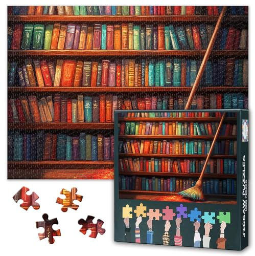 Puzzles 1000 Pieces for Adults Bookshelf, Colourful Books Puzzles for Adults, Magic Broom Challenging Puzzle 1000 Pieces, Relaxation Game for Men and Women 70 x 50 cm