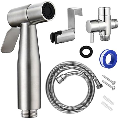 Spruzzatore per bidet per WC, spruzzatore per bidet portatile in acciaio inossidabile per montaggio a parete con tubo e supporto, accessori da bagno per la pulizia della cucina e della toilette
