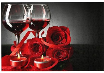 300-teiliges Puzzle „Rote Rosen und Wein“ – Romantisches Liebespaar-Dekor für Erwachsene – Holzpuzzle für Erwachsene und Senioren