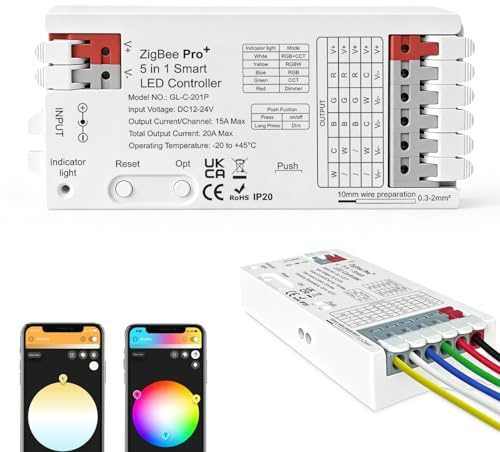 ZigBee 3.0 Pro+ 5-in-1 Smart LED Controller – 20A Max, RGBCCT/RGBW/RGB/CCT/Dimmer, Compatible with ZigBee Hubs, Voice & App Control, for LED Strips (Model GL-C-201P)