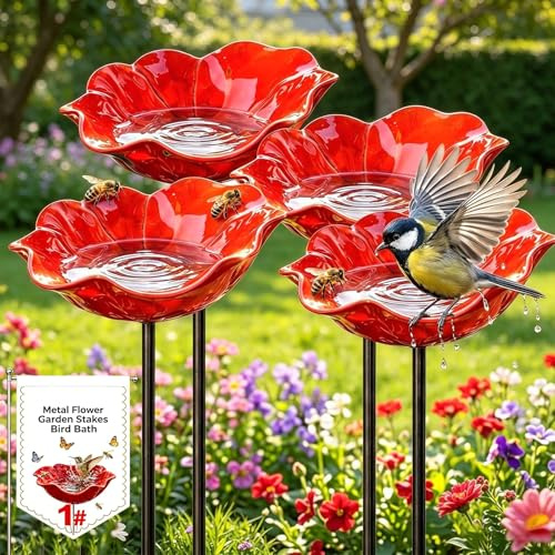 Vogeltränke Blume Gartenstecker Aus Metall Bienentränke, Blumengartenstecker Blumenform Winterfest Insektentränke Gartenfiguren Gartenstatuen Gartendeko Für Draußen (4PCS)