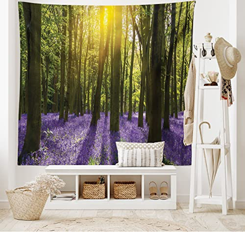 ABAKUHAUS Waldgebiet Wandteppich, Sonnenstrahlen im Wald Bluebells blühen tief im Wald Oxfordshire, aus Weiches Mikrofaser Stoff Wand Dekoration Für Schlafzimmer, 230 x 140 cm, Violett Grün Gelb