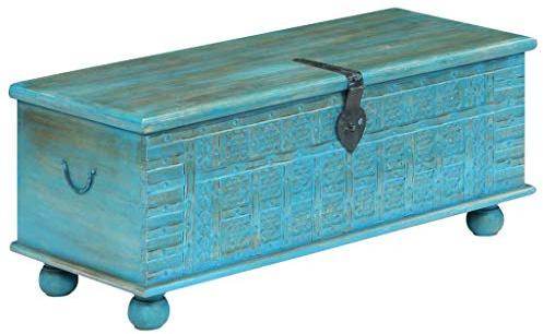 Tidyard Baúl de Almacenamiento,Cofre Baúl,Cofre del Tesoro,Caja de Madera,Caja Pirata,Madera Maciza de Mango,Azul 100x40x41cm