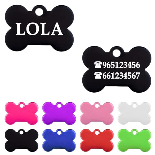 Ibera Gifts - Chapa Perro Grabada en Forma de Hueso, Placa Perro Personalizada para Perros y Gatos Muy Pequeños o Cachorros, Tamaño 22 x 15 mm, Chapa Identificativa Perro y Gato (Negra)