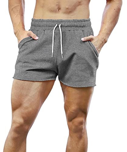 GYMAPE Herren Shorts Fitnessstudio Bodybuilding Workout Raw Hem | Sport Terry Baumwolle Taschen 3 Zoll Inseam