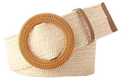 Porbbow Damen Taille Bund Stroh breiter Gürtel runde Schnalle Gürtel elastisch gewebt Kleid dekorativen Gürtel Beige