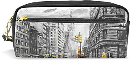 RXYY Federmäppchen Man Frau Gelb Taxi New York Ölgemälde für Student Groß Kapazität Reißverschluss PU Leder Mäppchen Schreibwaren Makeup Tasche für Mädchen Jungs Frauen