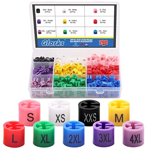 Glarks 290 Stück, 9 Farben, XXS – 4XL, farbige Kleidergrößenmarkierer, farbcodierte Größenclips, Sortimentsset, passend für 2–4 mm Kleiderbügelhaken für Drahtbügel