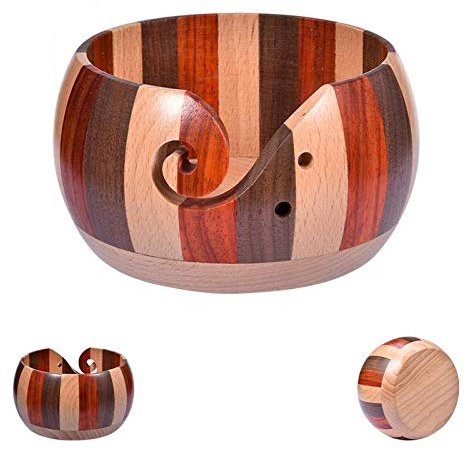 Holzsammlung Cuenco de Madera para Lana, Hecho a Mano Cuenco de Hilo para Tejer y Hacer Ganchillo, Pesado Robusto Inicio Tejido Crochet Accesorios, Tazón Porta Hilos con Agujeros Tallado, 15cm