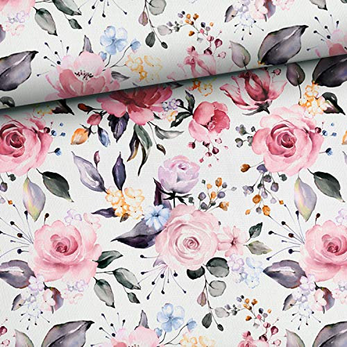 Meterware, Stoffe zum Nähen für Damen und Kinder, 95% Baumwolle: 0,5m French Terry Sommersweat mit Rosen Blumen Stoff - rosa pink blau gelb - Sweat Blumenstoff - Rosentraum
