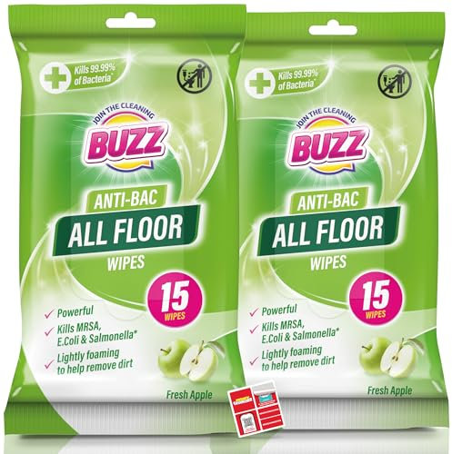Buzz 30pk Anti-Bac All Floor Wipes, 20cm x 28cm Apple Scented Floor Wipes, Extra Stong Quick-Drying, Safe for All Types of Floors Like Wooden & Laminated, Ideal for Dust Removal & Daily Cleaning