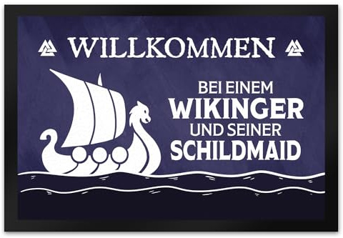 speecheese Willkommen bei einem Wikinger und Seiner Schildmaid Fußmatte XL in 40x60 cm mit Segelboot Motiv Als Geschenk zur Hochzeit für Paare Nordmänner Vikings