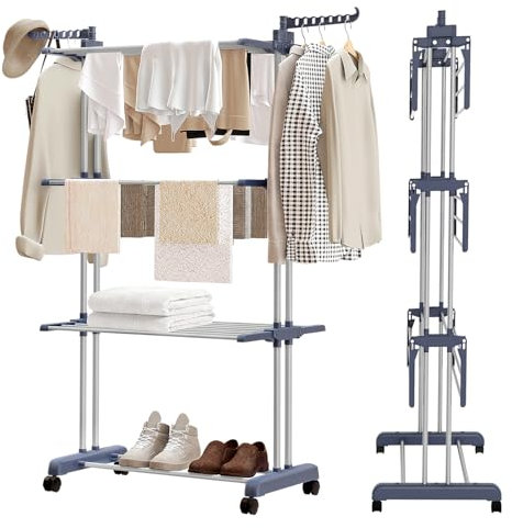 YORKING Clothes Airer 4 Tiers Clothes Drying Rack Foldable Laundry Rack with Casters for Indoor and Outdoor Air Drying Clothing
