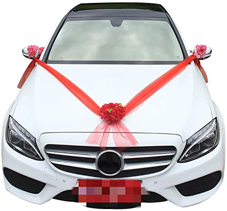 Surakey Autoschmuck Hochzeit Car Auto Wedding Deko, Hochzeit Braut Paar Rose Deko Dekoration Auto Schmuck Car Wedding Girlande Autodeko Hochzeitsschmuck Hochzeitsauto Deko für Hochzeit Party,Rot