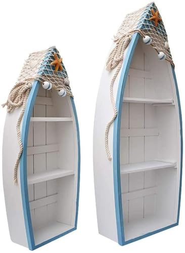 Linfevisi Holz-Boot-Regal, 2 Regalbretter, Küsten-Stil, Holzboot-Dekoration, Nautische Dekoration, Stehendes Boot-Display mit Netz, Seestern-Muschel-Akzent