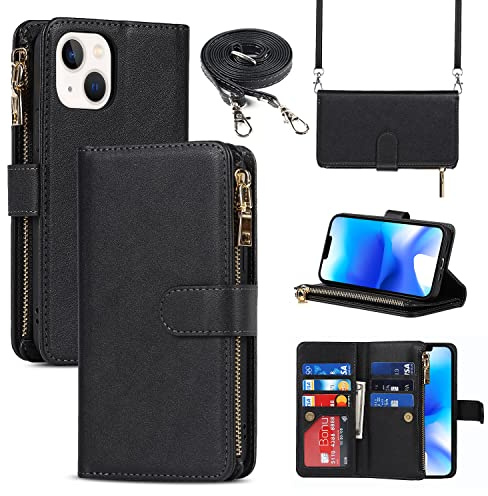 Cavor Compatible with iPhone 14 Case With Card Holder With Strap,Flip Leather Crossbody Women Wallet Case,[9 Card Holders][2 Lanyards],Cover Phone Case Compatible with iPhone 14 - Black