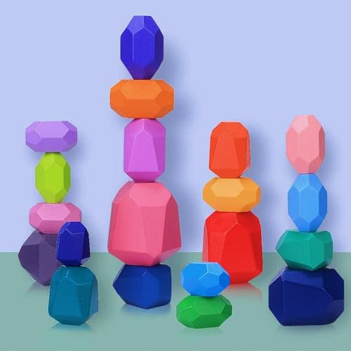 Japace Wooden Stacking Stones Montessori Toys for Toddlers, 20Pcs Natural Colored Stone Building Block Set Balancing and Sorting Activity Educational Toys for Kids Boys Girls & Home Ornament