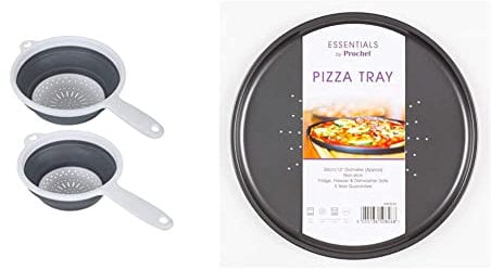 Addis 518406 Pop & Store 2 Pack Collapsible Food Colander with Handle, Set Includes 16.5cm & 24cm, White and Grey, Plastic & Prochef Non-Stick Carbon Steel Pizza Tray, Black
