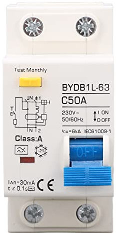 Disjoncteur Miniature 230V, A Type 30mA 50A 1P N Disjoncteur à Courant Résiduel, Protecteur de Fuite Protection Contre les Surcharges Commutateur D'air pour Lignes de Distribution D'éclairage