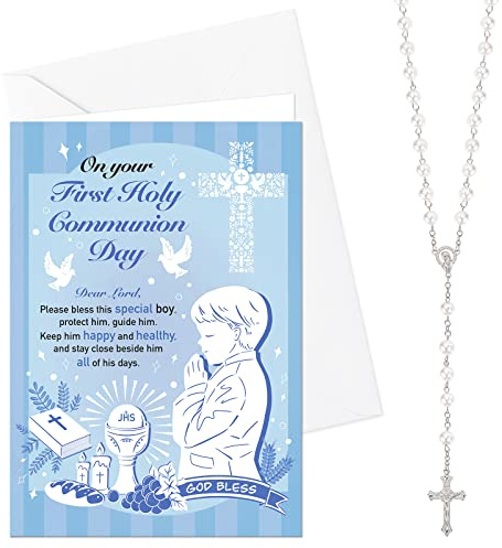 HOWAF First Holy Communion Card for Boys, Congratulations Card & Rosary Beads Catholic Pearl Cross Necklace for First Holy Communion Gifts for Boys, Son, Grandson, Blue