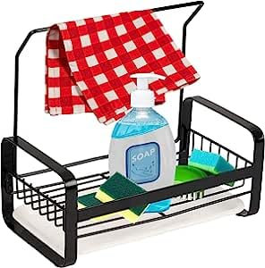 FIZZYBERRIES Kitchen Organiser Caddy with Dishcloth Stand Durable and Reliable Adequate Capacity for Kitchen Cleaning Supplies Neat and Tidy – Dishwasher Safe – Black