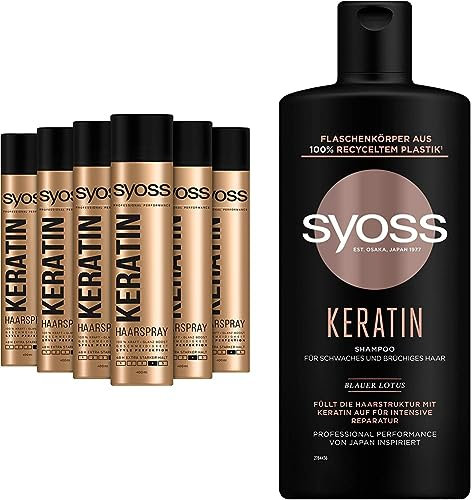 Syoss Haarspray Keratin Haltegrad 4 (6 x 400 ml) & Shampoo Keratin (440 ml), Haarshampoo für schwaches und brüchiges Haar, füllt und glättet die Haarfaser, Formel mit Blauem Lotus & Amino-Komplex