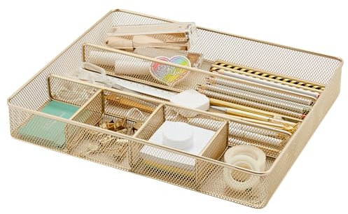 Annova Desk Drawer Organizer/Storage Tray - Metal Mesh with Dividers for Pens, Desktop Accessories, Bathroom, Kitchen, Makeup and Office Supplies (Gold)