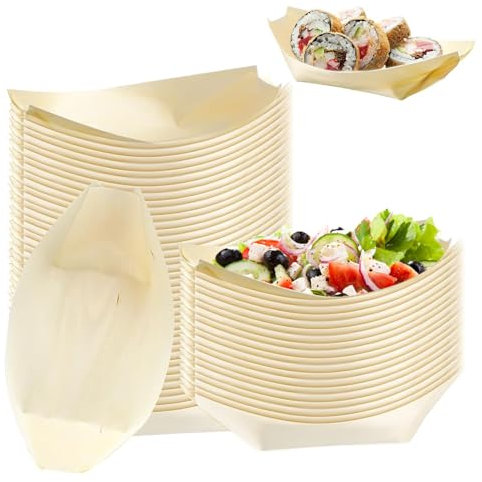 Powmag 100 Piezas Barquitos Bambú, Cuencos Aperitivos, Platos Bambu Biodegradables, Forma de Barco Cuenco Madera para Aperitivos, pastel de postre, Platos Fríos y Calientes