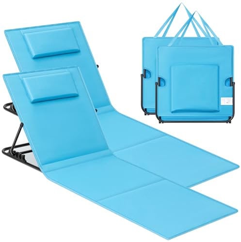 SONGMICS Strandstuhl, 2er Set, Campingstuhl, Sonnenliege, Strandliege, klappbar, verstellbare Rückenlehne, leicht tragbar mit Griff, für Camping, Garten, Pool, 158 x 55 cm, himmelblau GCB251Q01