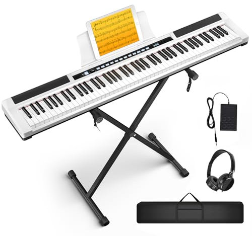 UISCOM Piano Keyboard 88 Keys Semi-weighted Compact Portable Electric Digital Piano Set for Beginners with Stand, Carrying Case,Sustain Pedal,Headphones (White Piano Keyboard)