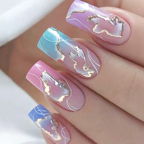 24Pcs French Square Long Press-on Nails - Glossy Colorful Stick-on With Glue Stickers - Acrylic Full Cover Fake Reusable Artificial for Women and Girls Art