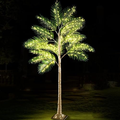 Palma Artificiale illuminata 210cm, con 560 LED a Luce Bianca Calda e Cavo, Palma Tropicale Artificiale per Uso Interno ed Esterno, per Festa terrazza Giardino Piscina Natale Decorazione,210cm