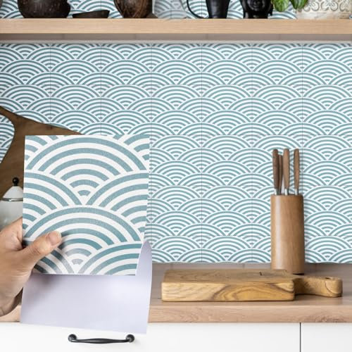 Fantasnight Tile Stickers Blue, Wave Vinyl Stick on Tiles Matt 15x15cm 12Pcs, Self Adhesive Wall, Waterproof Peel and Stick for Bathroom, Removable Backsplash for Kitchen