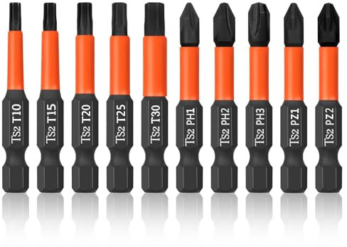 BAIDETS Pro Schrauber Bit Set - Schraubendreher Torx Bits Set 10 Stück (T10/T15/T20/T25/T30/PH1/PH2/PH3/PZ1/PZ2), 50mm Länge, Schrauber-Bit, 1/4 Sechskantschaft, mit Spender-Box