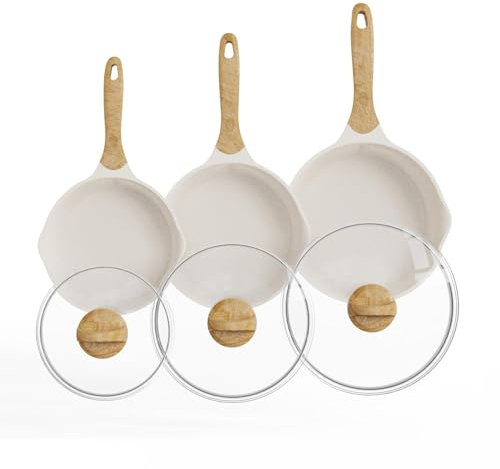 JEETEE Poêle À Frire 20/24/28 cm Avec Lid, Revêtement De Granit, Batterie De Cuisine 6 Pièces, Poignée Résistante À La Chaleur, Facile À Nettoyer Et Compatible Toutes Les Cuisines,Sans Pfoa, Beige